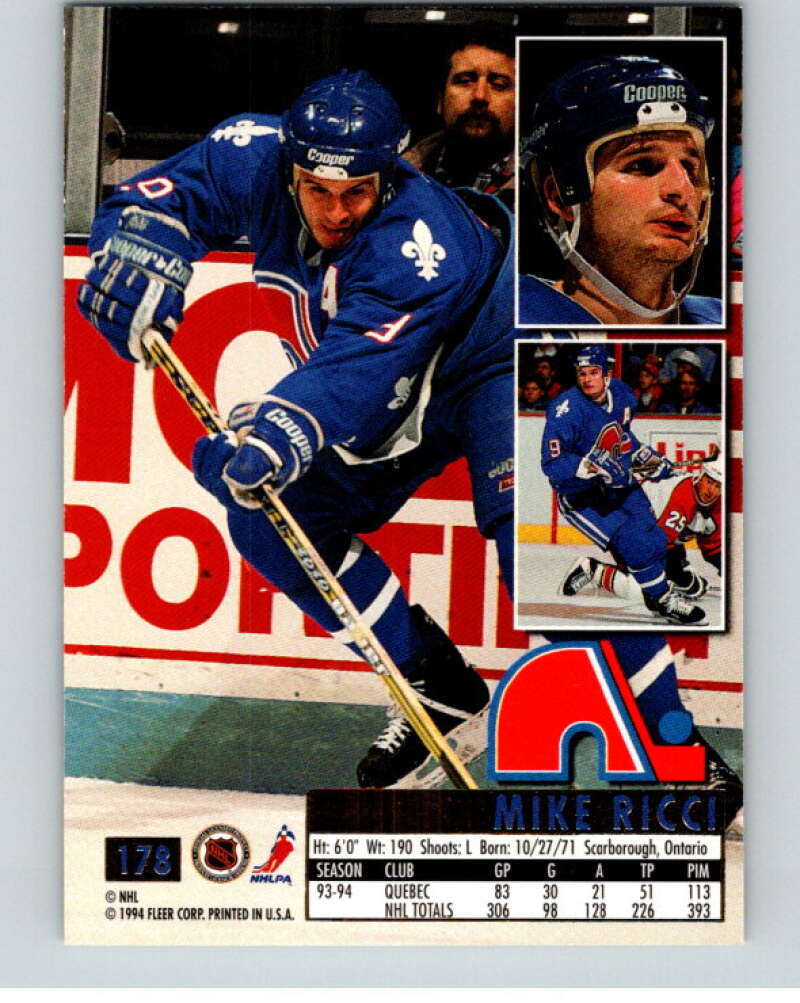 1994-95 Fleer Ultra #178 Mike Ricci  Quebec Nordiques  V90323 Image 2