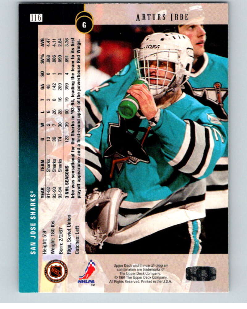 1994-95 Upper Deck #116 Arturs Irbe  San Jose Sharks  V90511 Image 2