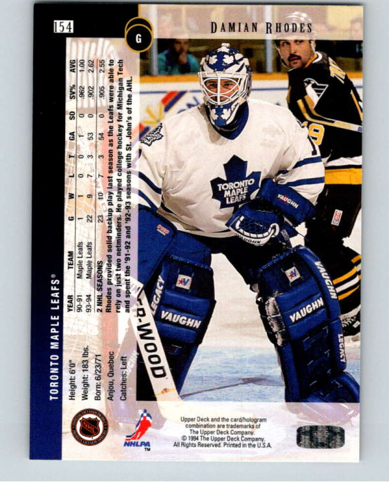 1994-95 Upper Deck #154 Damian Rhodes  Toronto Maple Leafs  V90549 Image 2