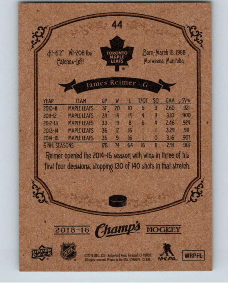 2015-16 Upper Deck Champs #44 James Reimer  Toronto Maple Leafs  V94526 Image 2