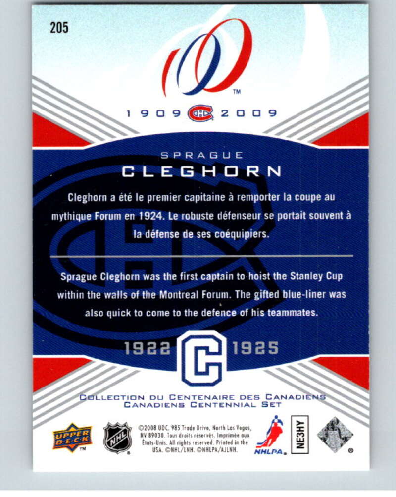 2008-09 UD Montreal Canadiens Centennial #205 Sprague Cleghorn    V94815 Image 2