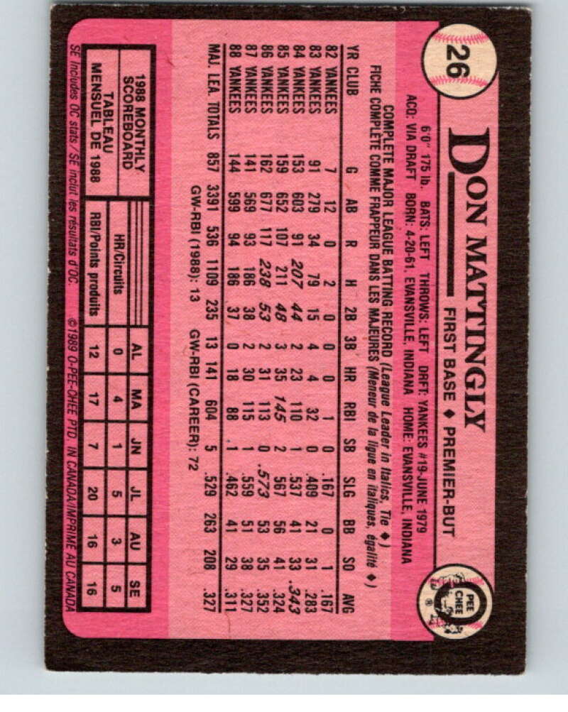 1989 O-Pee-Chee Baseball #26 Don Mattingly  New York Yankees  V95346 Image 2