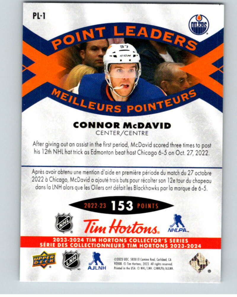 2023-24 UD  Tim Hortons Point Leaders #PL-1 Connor McDavid Oilers  V96243 Image 2