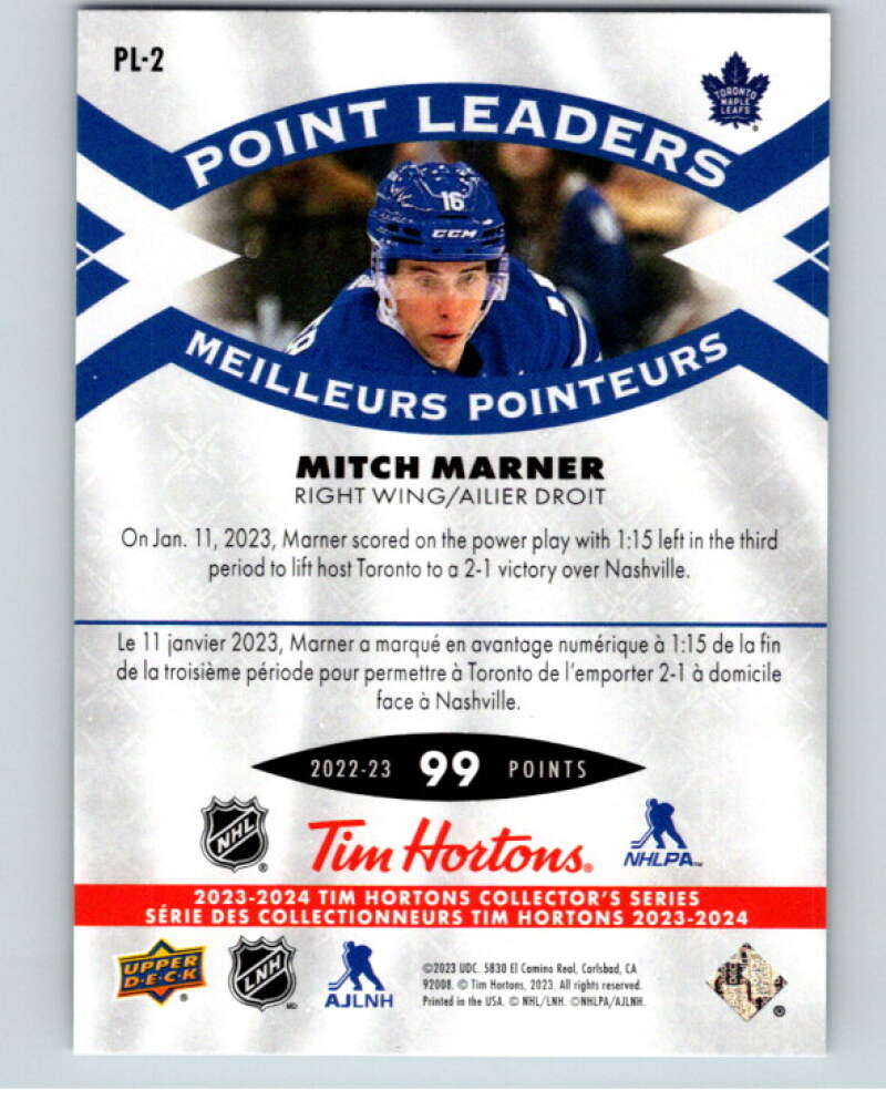 2023-24 UD  Tim Hortons Point Leaders #PL-2 Mitch Marner Maple Leafs  V96245 Image 2