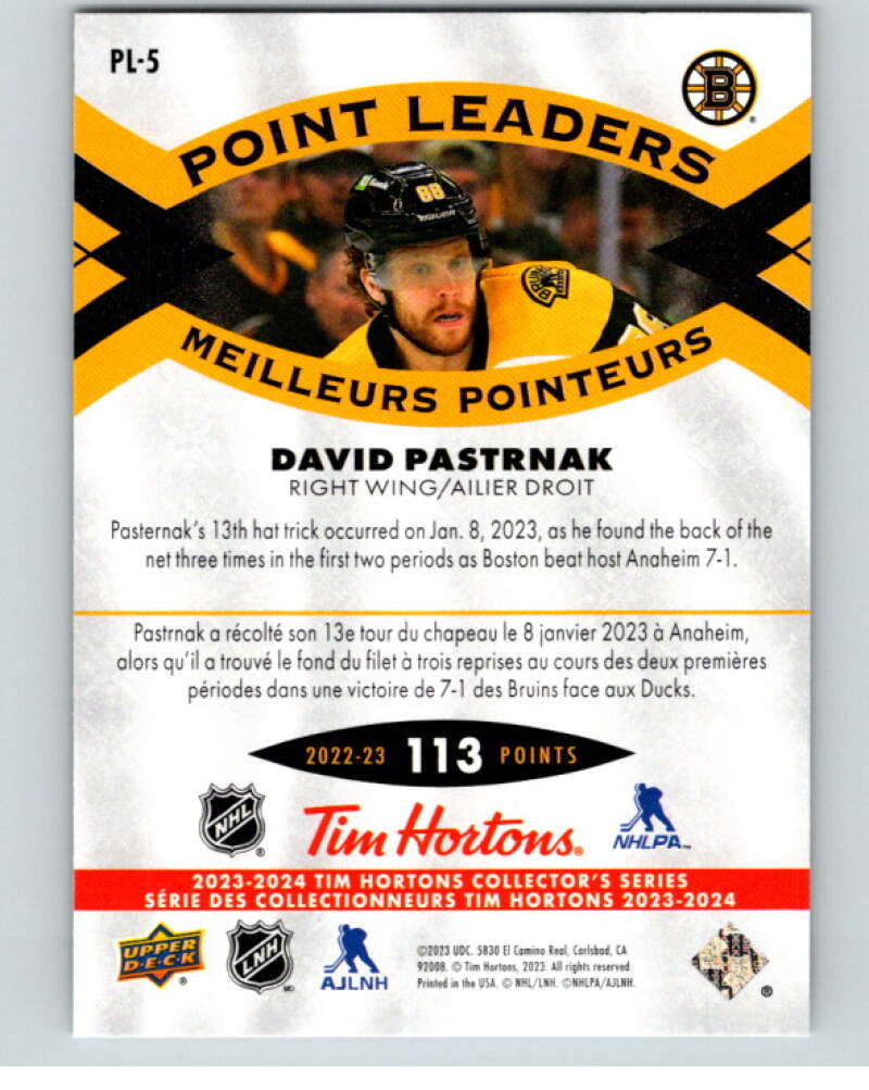 2023-24 UD  Tim Hortons Point Leaders #PL-5 David Pastrnak  Boston Bruins  V96250 Image 2