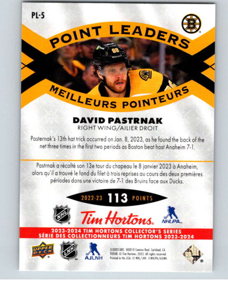2023-24 UD  Tim Hortons Point Leaders #PL-5 David Pastrnak  Boston Bruins  V96251 Image 2