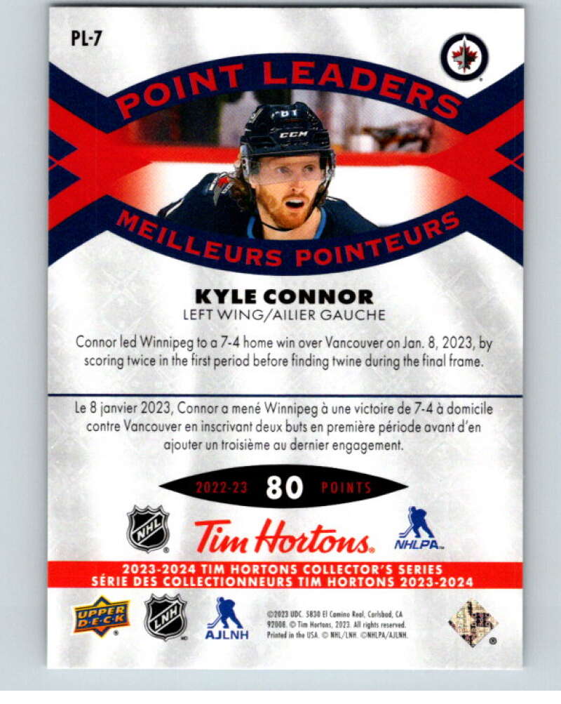 2023-24 UD  Tim Hortons Point Leaders #PL-7 Kyle Connor  Winnipeg Jets  V96253 Image 2