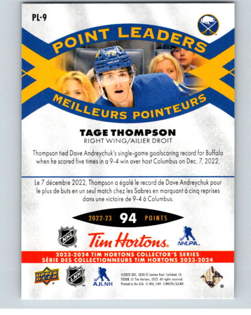 2023-24 UD  Tim Hortons Point Leaders #PL-9 Tage Thompson  Buffalo Sabres  V96255 Image 2