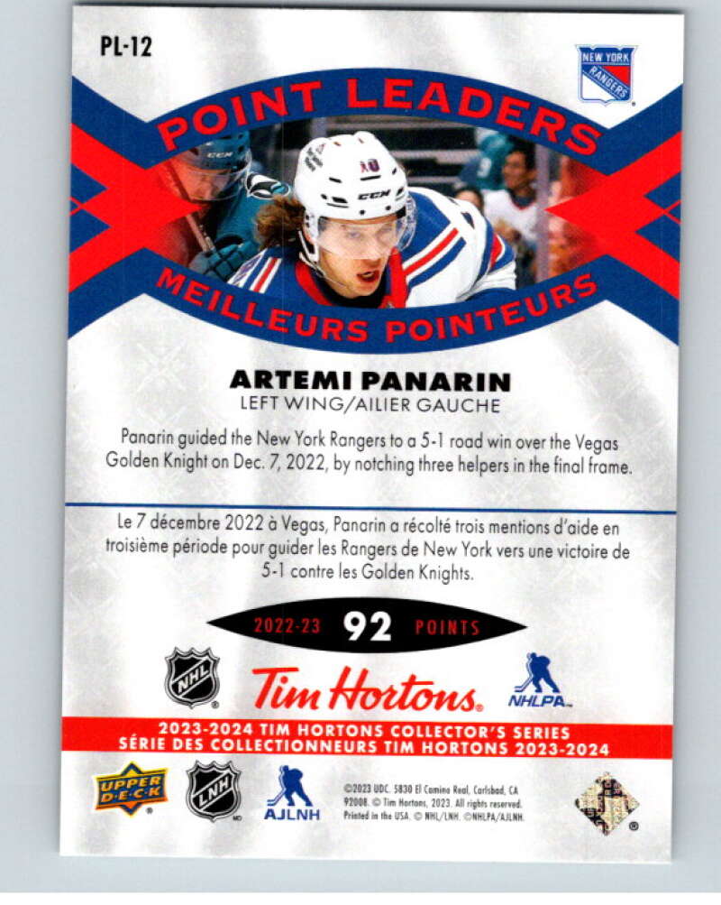 2023-24 UD  Tim Hortons Point Leaders #PL-12 Artemi Panarin Rangers  V96260 Image 2