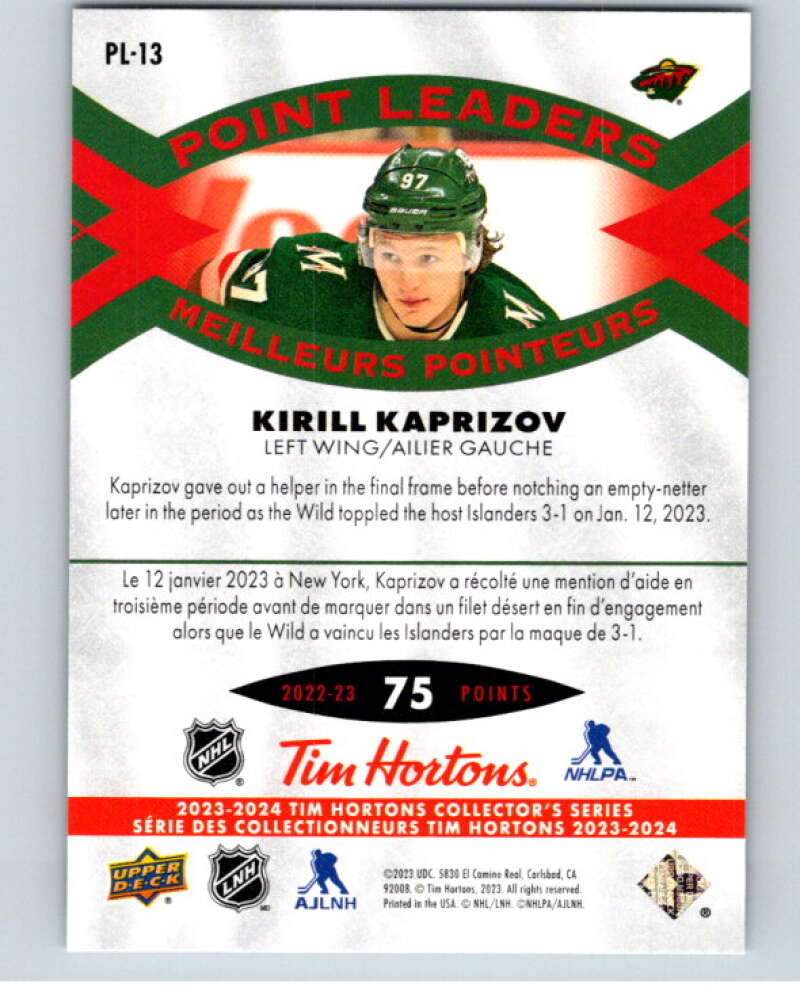 2023-24 UD  Tim Hortons Point Leaders #PL-13 Kirill Kaprizov Wild  V96263 Image 2