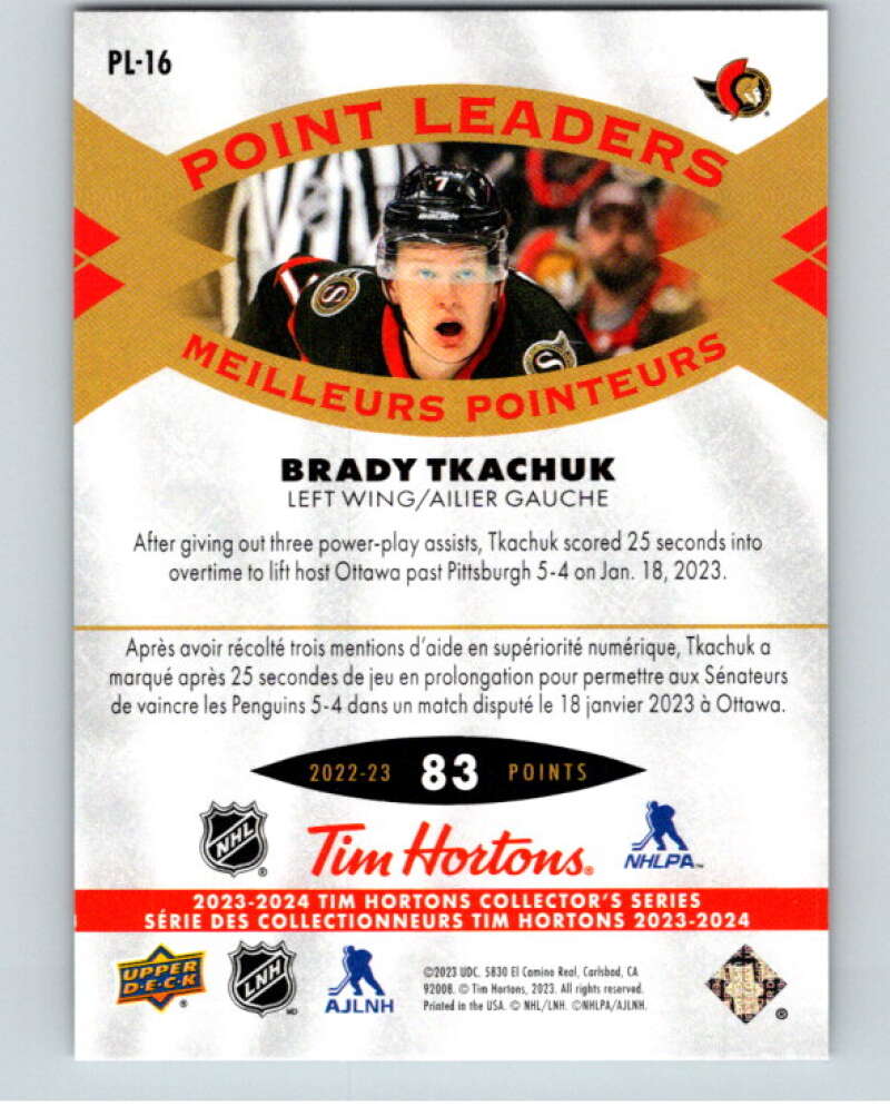 2023-24 UD  Tim Hortons Point Leaders #PL-16 Brady Tkachuk Senators  V96267 Image 2