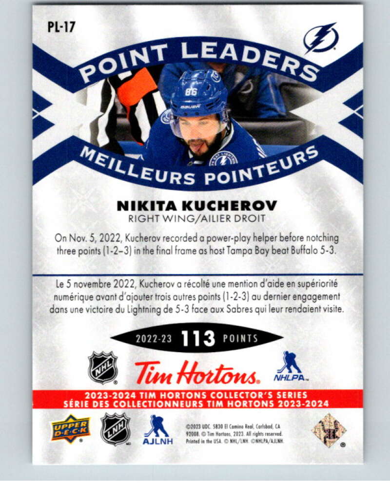2023-24 UD  Tim Hortons Point Leaders #PL-17 Nikita Kucherov Lightning  V96268 Image 2