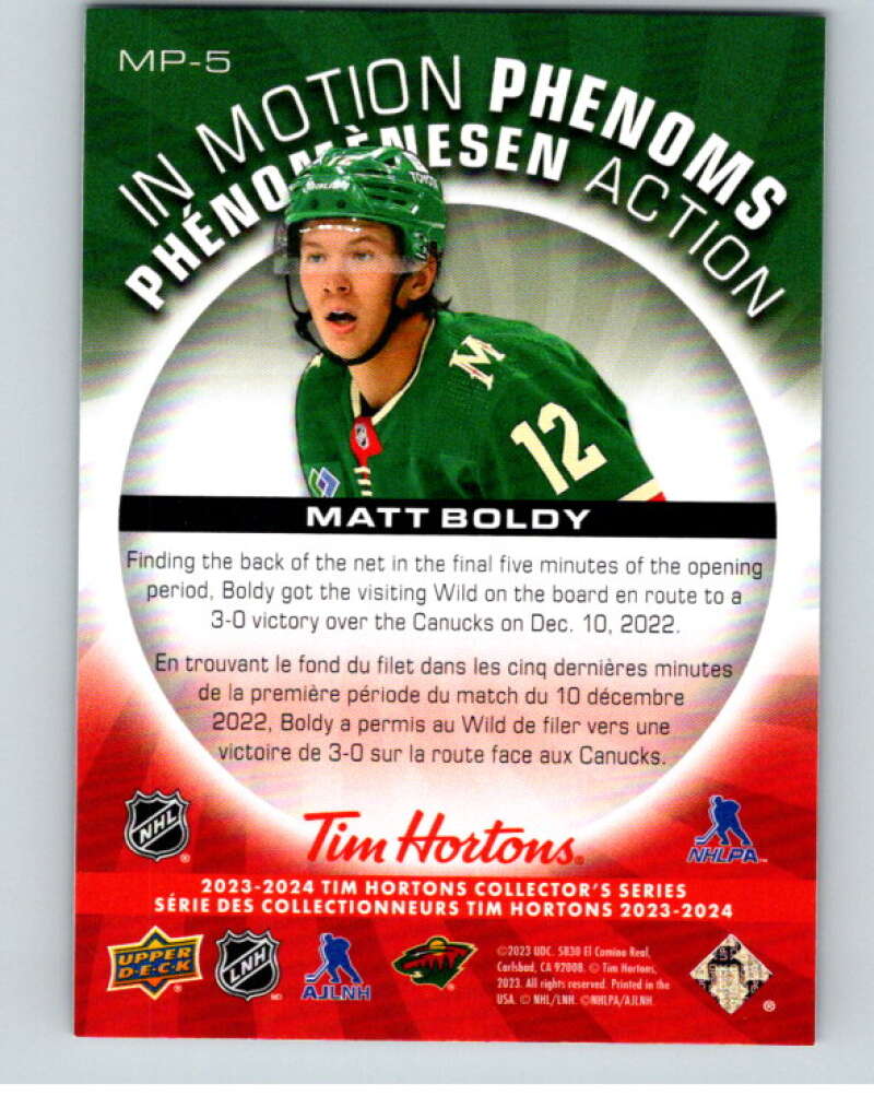 2023-24 UD  Tim Hortons In Motion Phenoms #MP-5 Matt Boldy Wild  V96274 Image 2