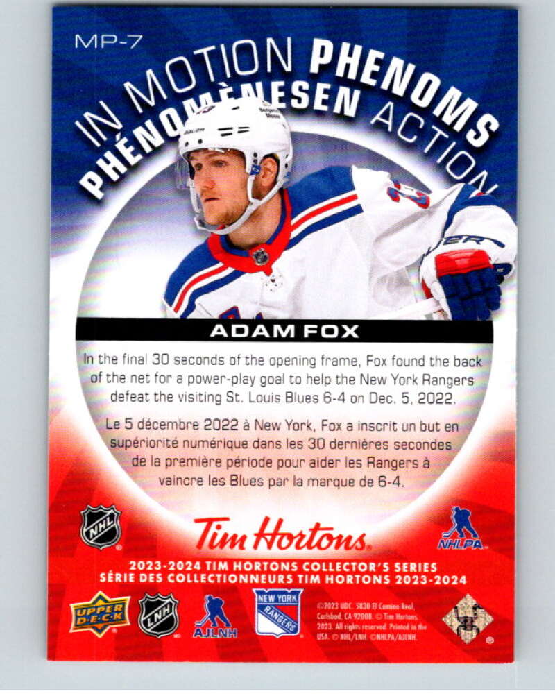2023-24 UD  Tim Hortons In Motion Phenoms #MP-7 Adam Fox Rangers  V96276 Image 2