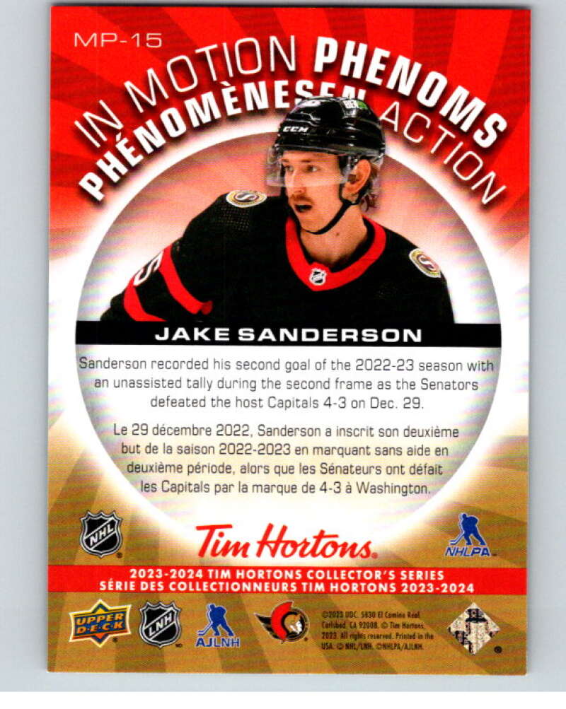 2023-24 UD  Tim Hortons In Motion Phenoms #MP-15 Jake Sanderson  Ottawa  V96288 Image 2