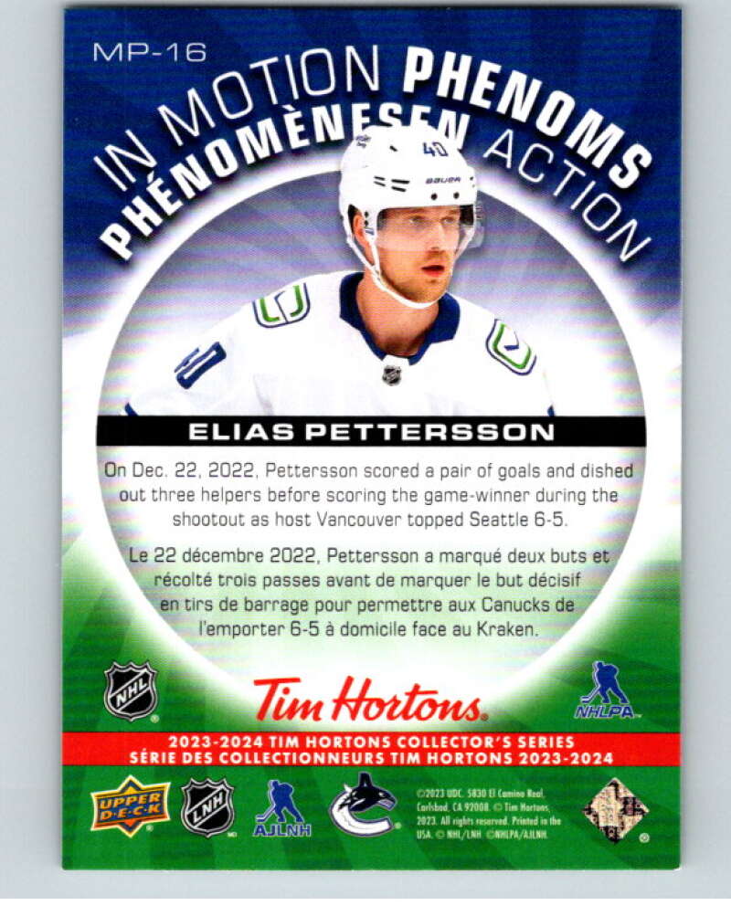 2023-24 UD  Tim Hortons In Motion Phenoms #MP-16 Elias Pettersson   V96289 Image 2