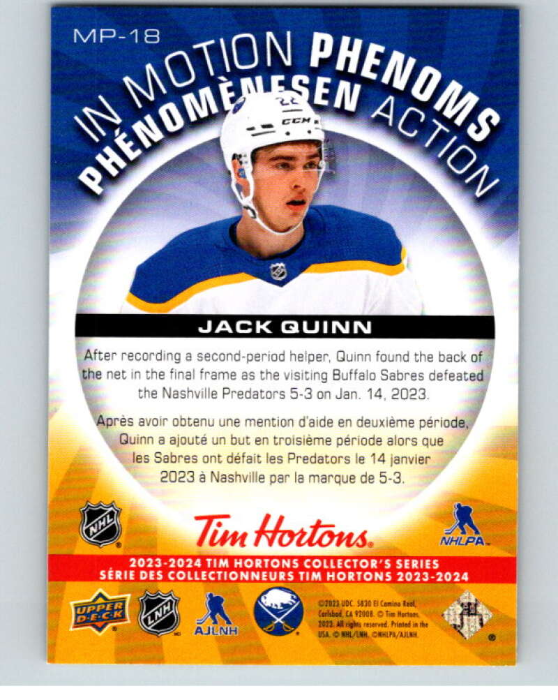 2023-24 UD  Tim Hortons In Motion Phenoms #MP-18 Jack Quinn Sabres  V96293 Image 2