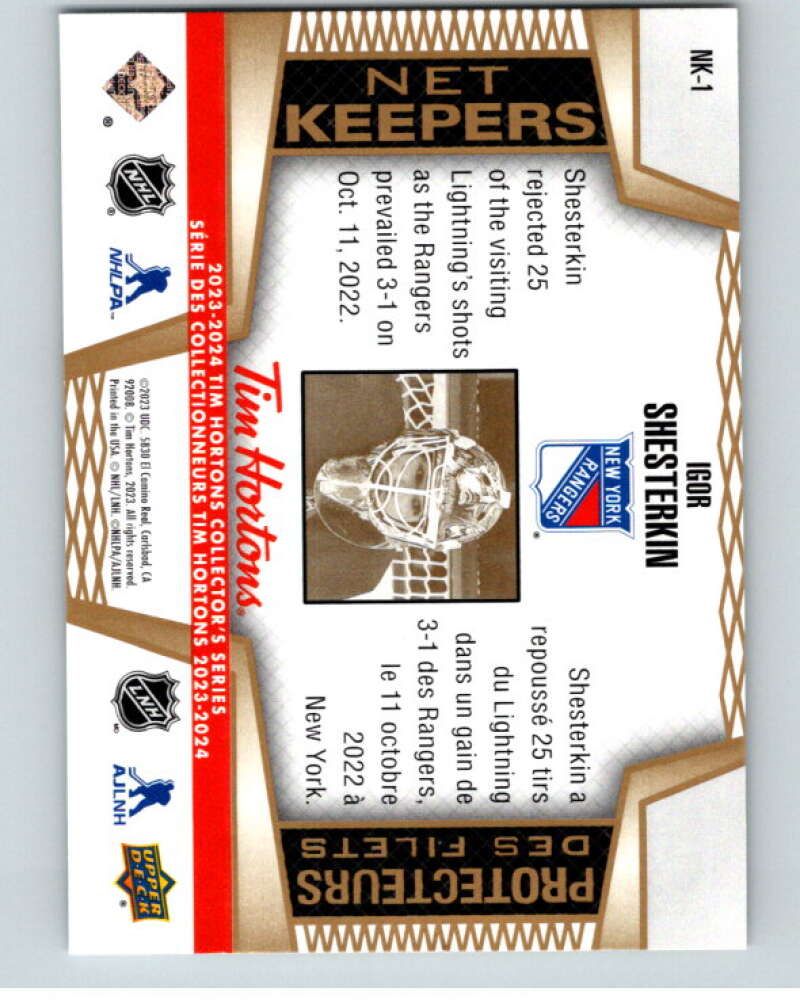 2023-24 UD Tim Hortons Net Keepers #NK-1 Igor Shesterkin Rangers  V96294 Image 2