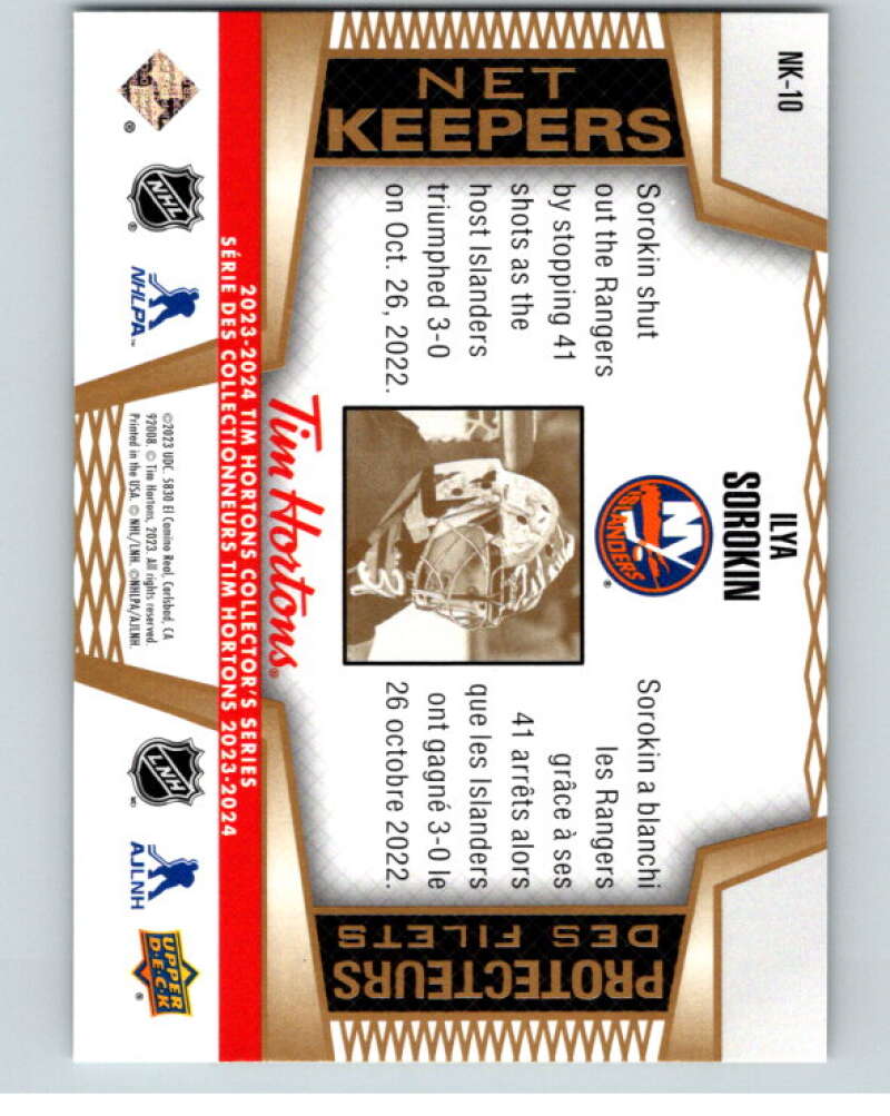 2023-24 UD Tim Hortons Net Keepers #NK-10 Ilya Sorokin Islanders  V96302 Image 2