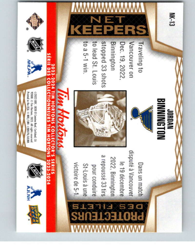 2023-24 UD Tim Hortons Net Keepers #NK-13 Jordan Binnington Blues  V96307 Image 2