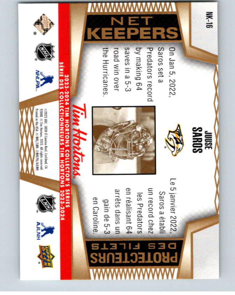 2023-24 UD Tim Hortons Net Keepers #NK-16 Juuse Saros Predators  V96312 Image 2
