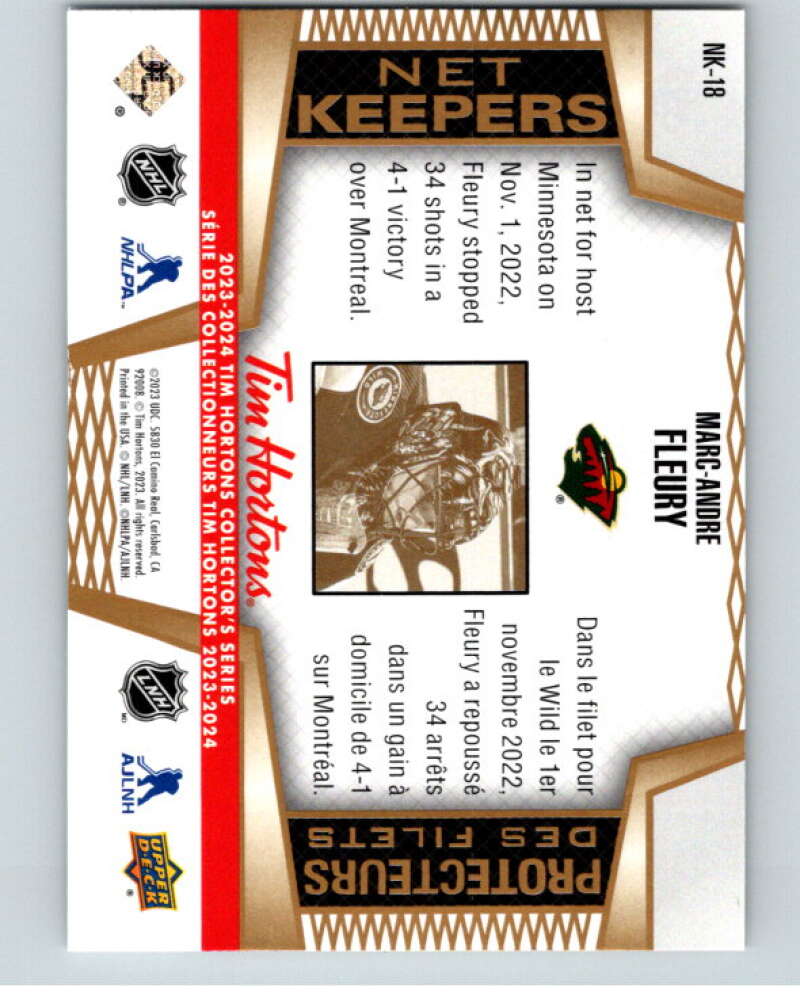 2023-24 UD Tim Hortons Net Keepers #NK-18 Marc-Andre Fleury Wild  V96315 Image 2