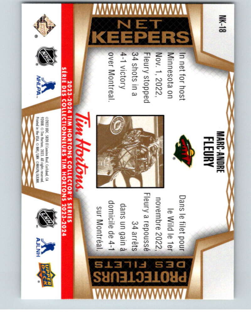 2023-24 UD Tim Hortons Net Keepers #NK-18 Marc-Andre Fleury Wild  V96316 Image 2