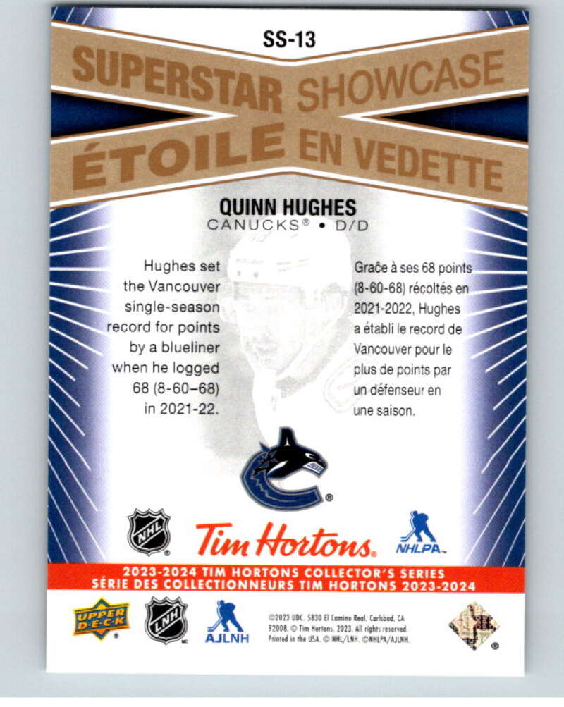 2023-24 UD Tim Hortons Superstar Showcase #SS-13 Quinn Hughes Vancouver  V96347 Image 2