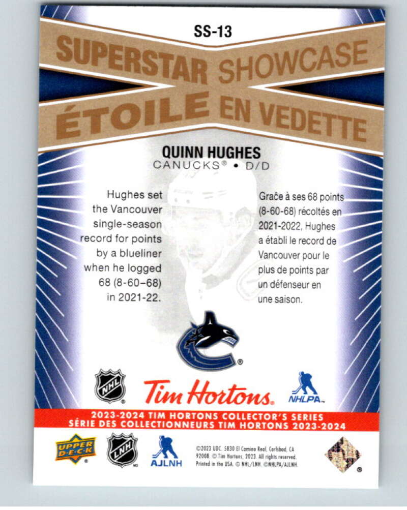 2023-24 UD Tim Hortons Superstar Showcase #SS-13 Quinn Hughes Vancouver  V96348 Image 2