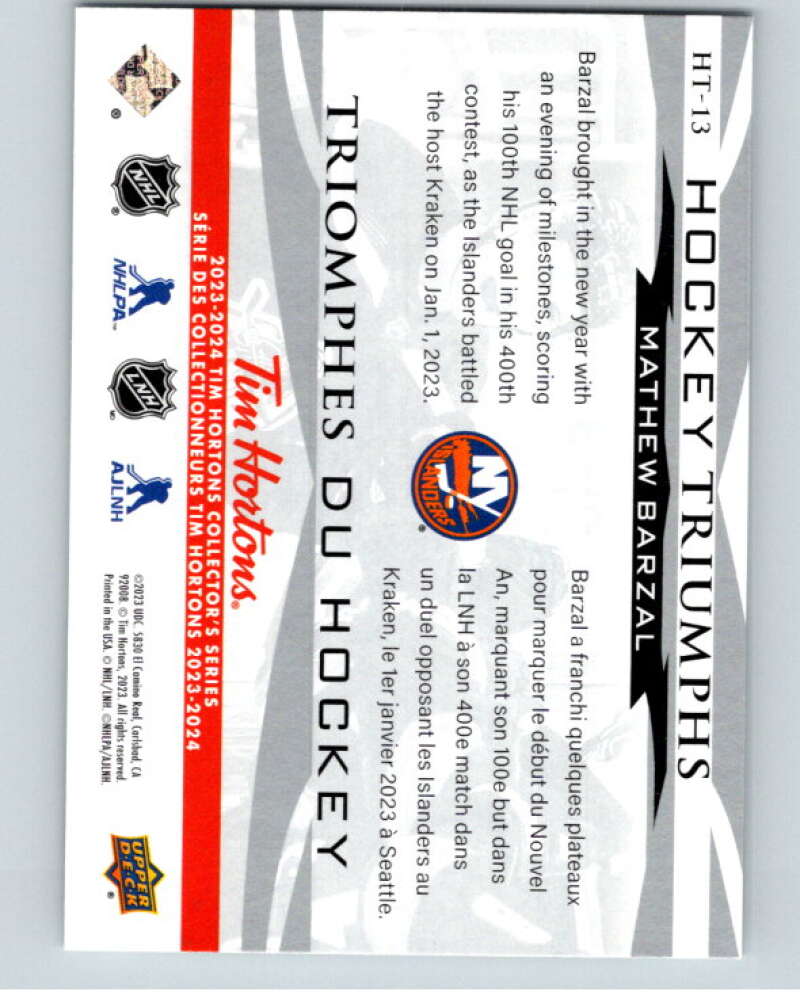 2023-24 UD Tim Hortons Hockey Triumphs #HT-13 Mathew Barzal  New York V96396 Image 2