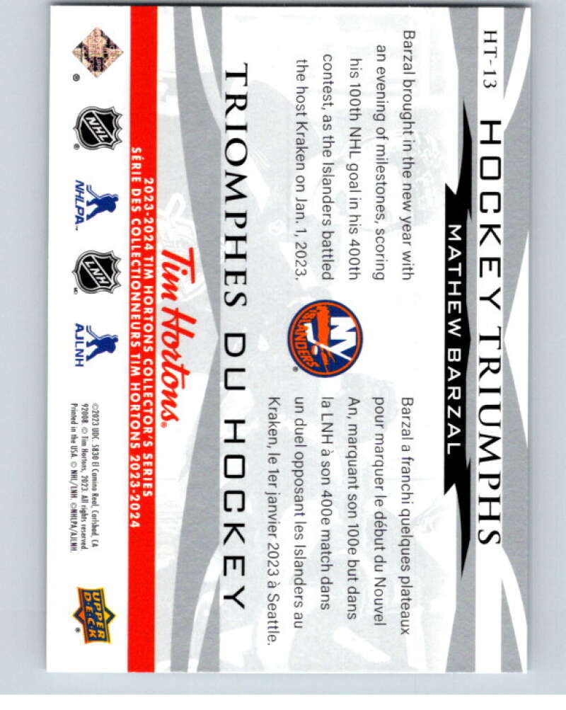 2023-24 UD Tim Hortons Hockey Triumphs #HT-13 Mathew Barzal  New York V96397 Image 2