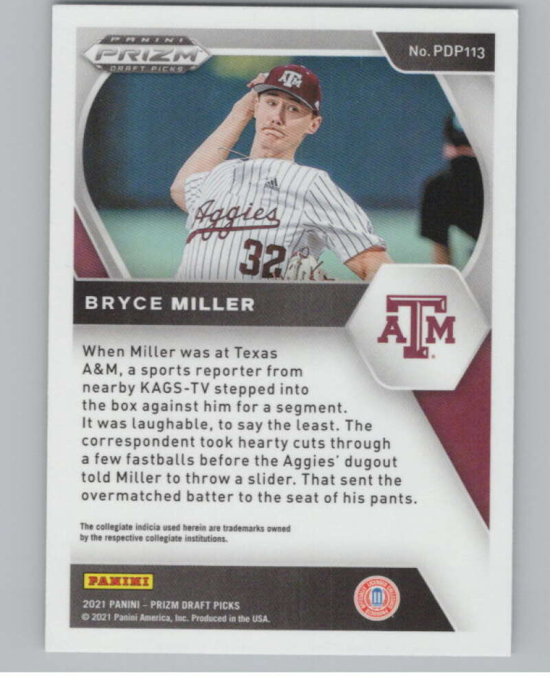 2021 Panini Prizm Draft Picks Baseball #113 Bryce Miller  Texas A&M  V97281 Image 2