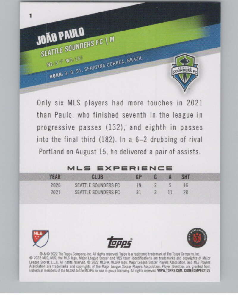 2022 Topps MLS Soccer #1 Joao Paulo  Seattle Sounders FC  V97481 Image 2