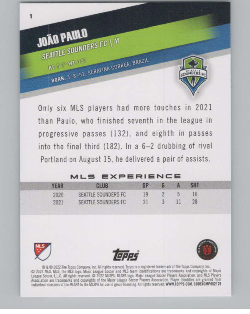2022 Topps MLS Soccer #1 Joao Paulo  Seattle Sounders FC  V97482 Image 2