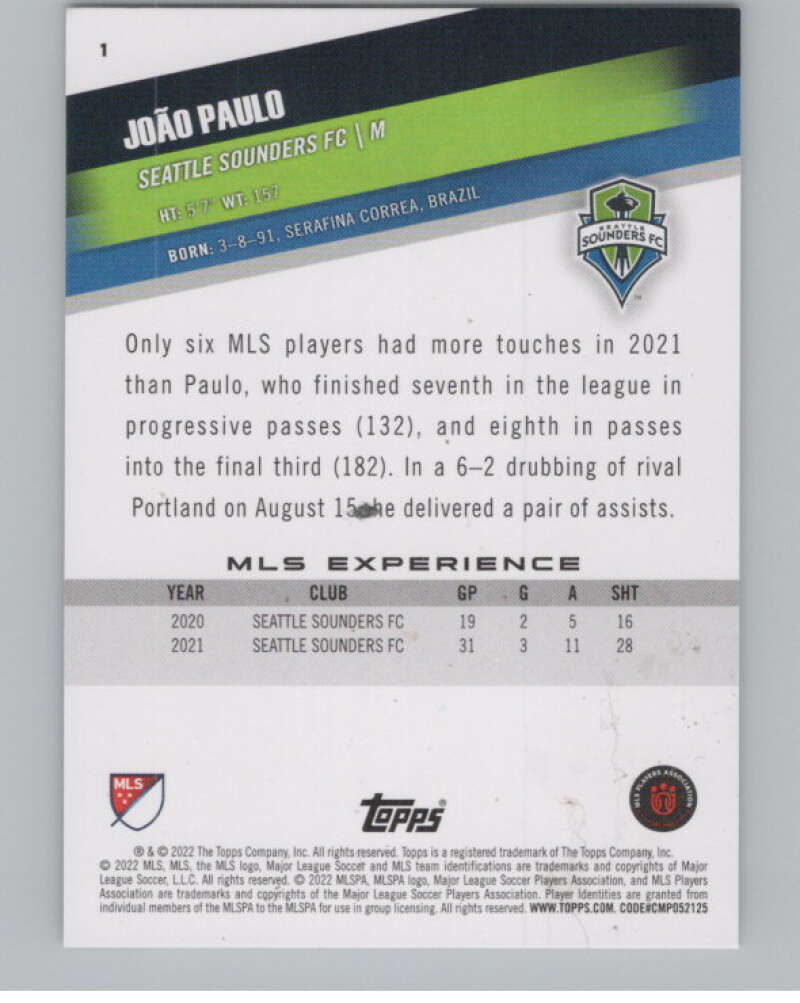 2022 Topps MLS Soccer #1 Joao Paulo  Seattle Sounders FC  V97483 Image 2