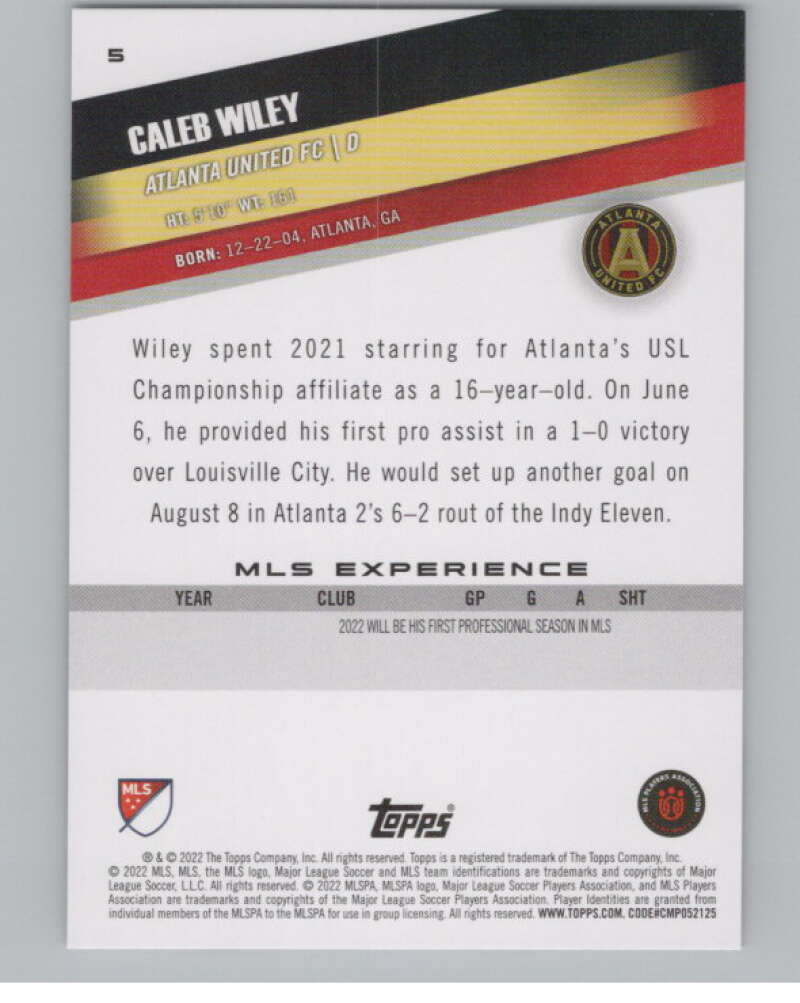 2022 Topps MLS Soccer #5 Caleb Wiley  RC Rookie Atlanta United FC  V97492 Image 2