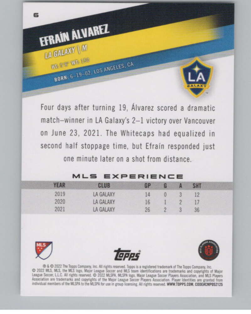 2022 Topps MLS Soccer #6 Efrain Alvarez  Los Angeles Galaxy  V97494 Image 2