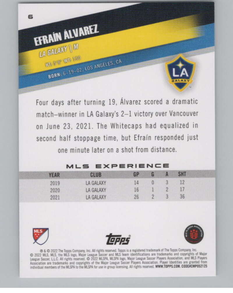 2022 Topps MLS Soccer #6 Efrain Alvarez  Los Angeles Galaxy  V97495 Image 2