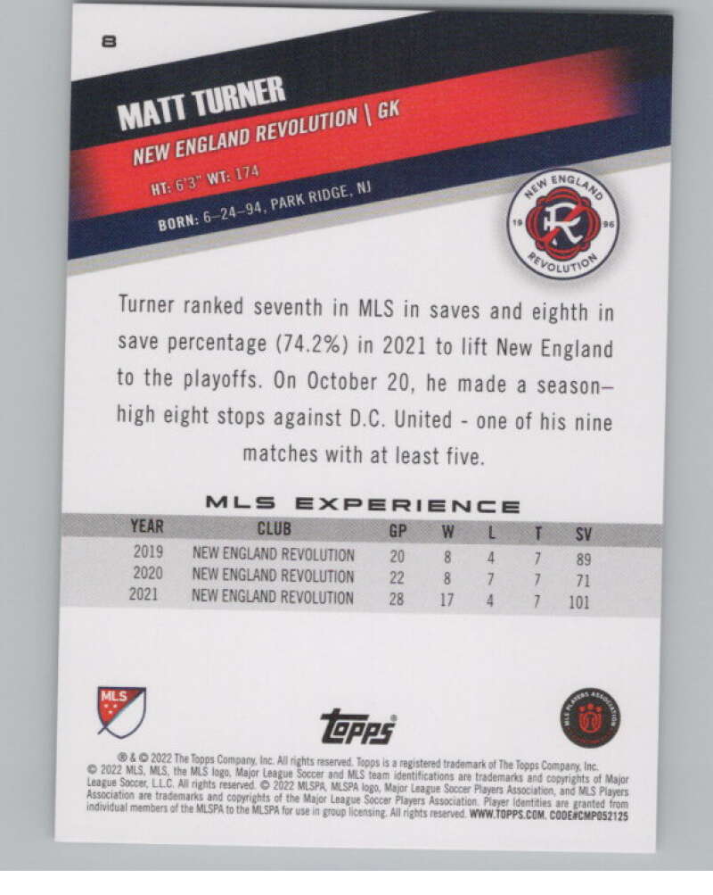 2022 Topps MLS Soccer #8 Matt Turner  New England Revolution  V97498 Image 2