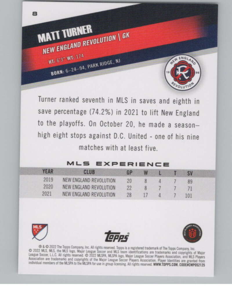 2022 Topps MLS Soccer #8 Matt Turner  New England Revolution  V97499 Image 2