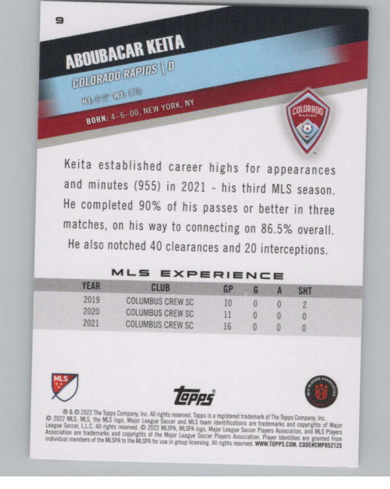 2022 Topps MLS Soccer #9 Aboubacar Keita  Colorado Rapids  V97501 Image 2