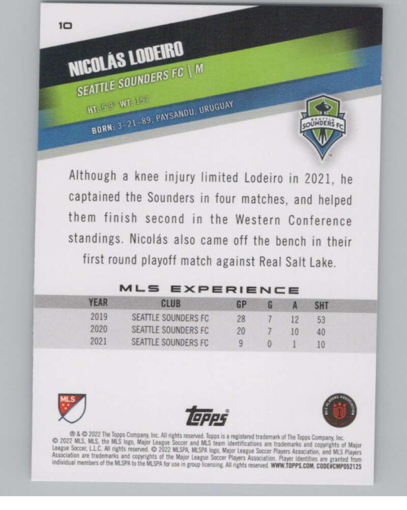 2022 Topps MLS Soccer #10 Nicolas Lodeiro  Seattle Sounders FC  V97504 Image 2