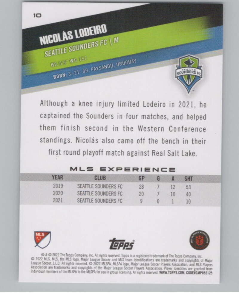 2022 Topps MLS Soccer #10 Nicolas Lodeiro  Seattle Sounders FC  V97505 Image 2