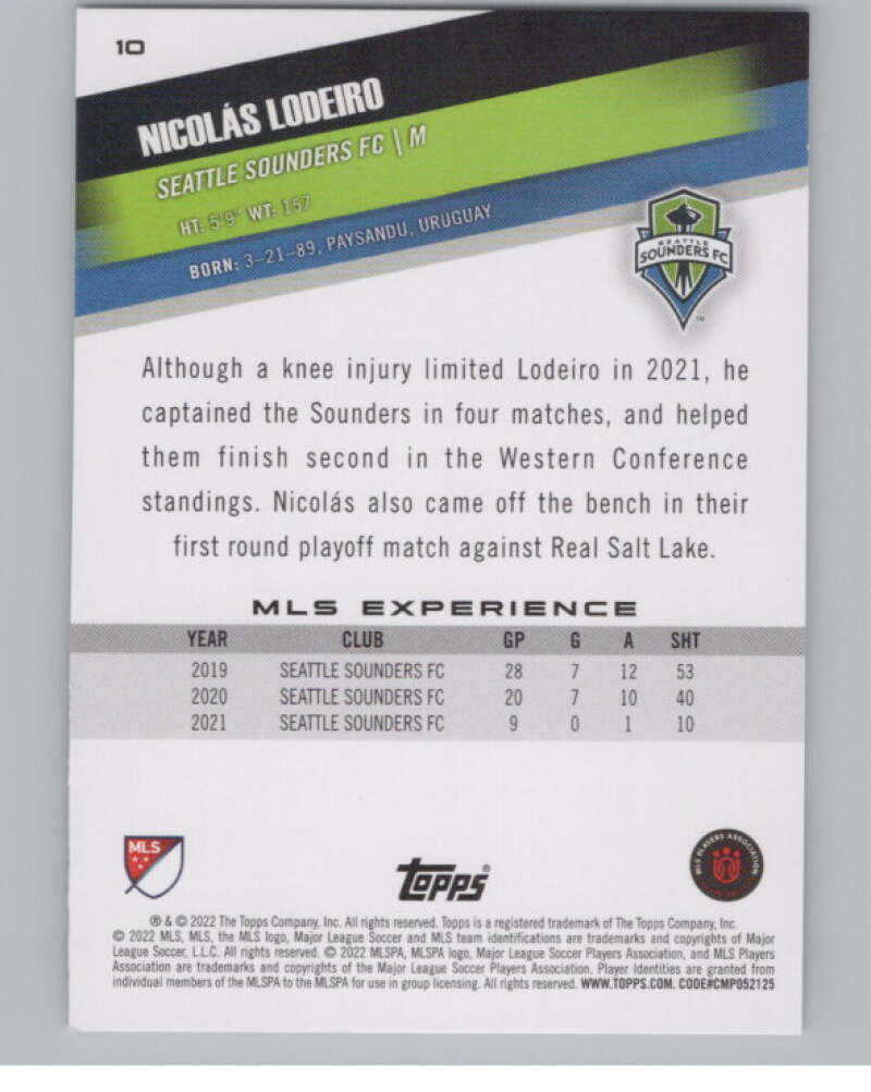 2022 Topps MLS Soccer #10 Nicolas Lodeiro  Seattle Sounders FC  V97506 Image 2