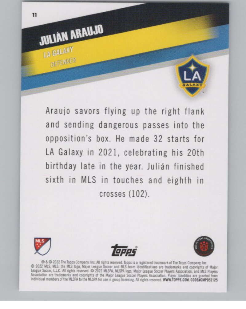 2022 Topps MLS Soccer #11 Julian Araujo  Los Angeles Galaxy  V97507 Image 2