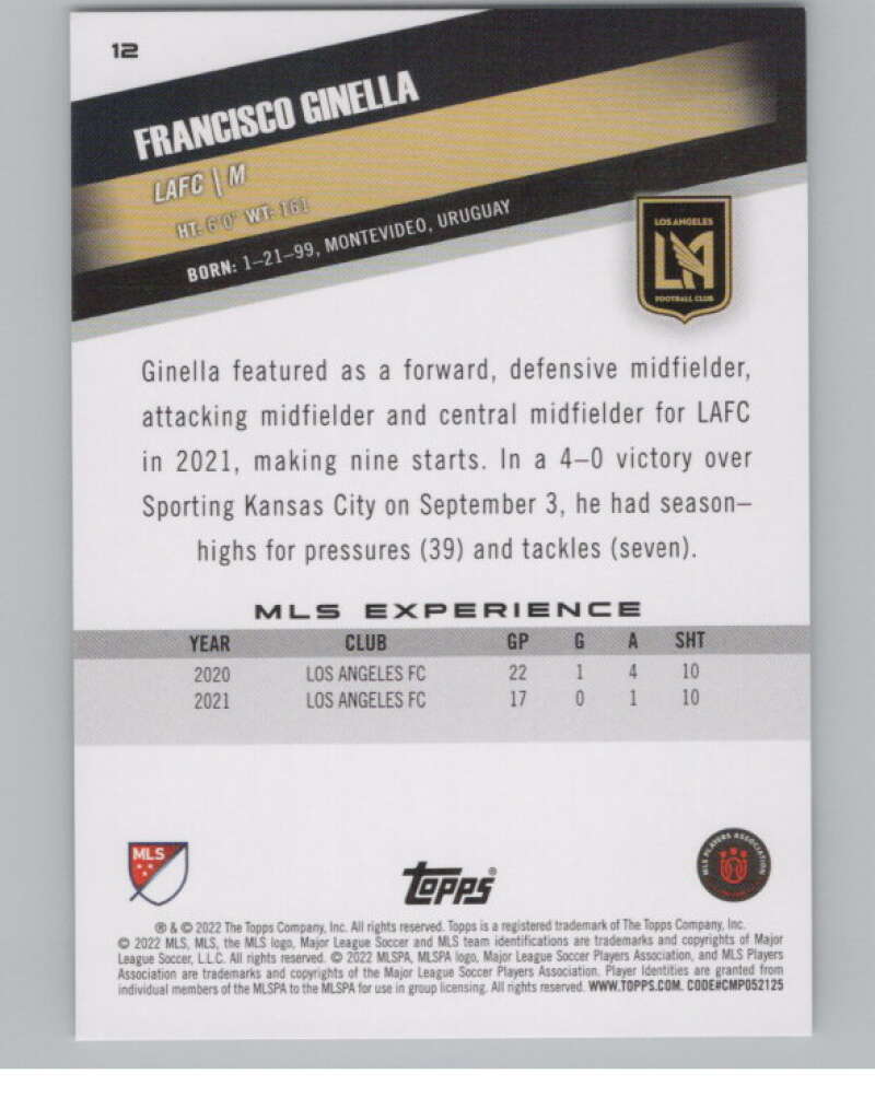 2022 Topps MLS Soccer #12 Francisco Ginella  Los Angeles FC  V97509 Image 2