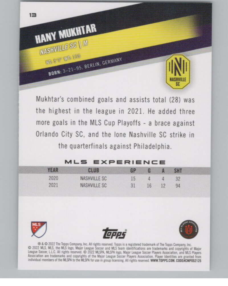 2022 Topps MLS Soccer #13 Hany Mukhtar  Nashville SC  V97512 Image 2