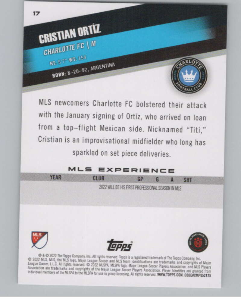 2022 Topps MLS Soccer #17 Cristian Ortiz  Charlotte FC  V97521 Image 2