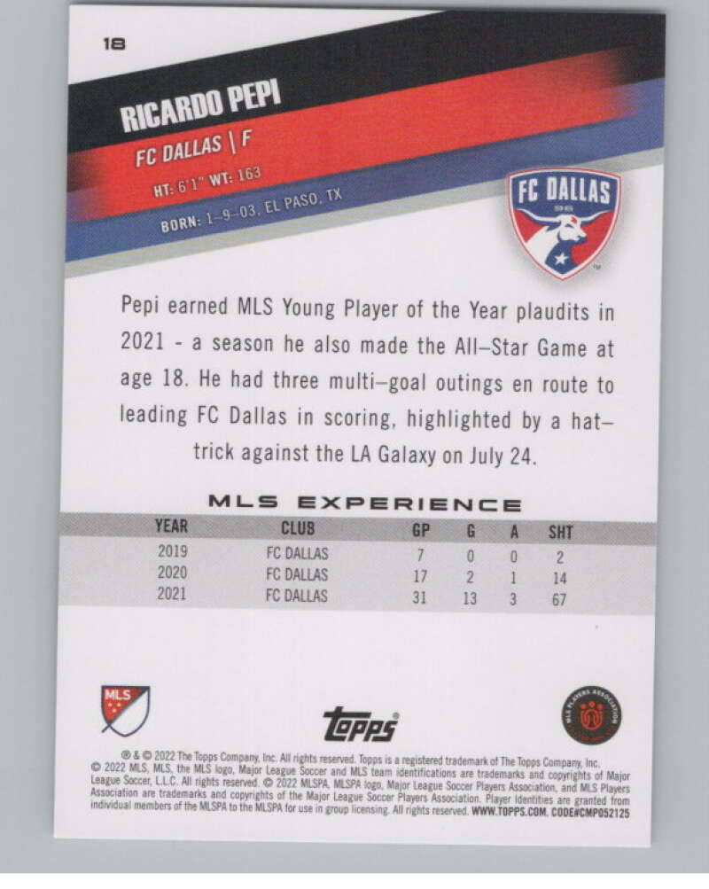 2022 Topps MLS Soccer #18 Ricardo Pepi  FC Dallas  V97525 Image 2