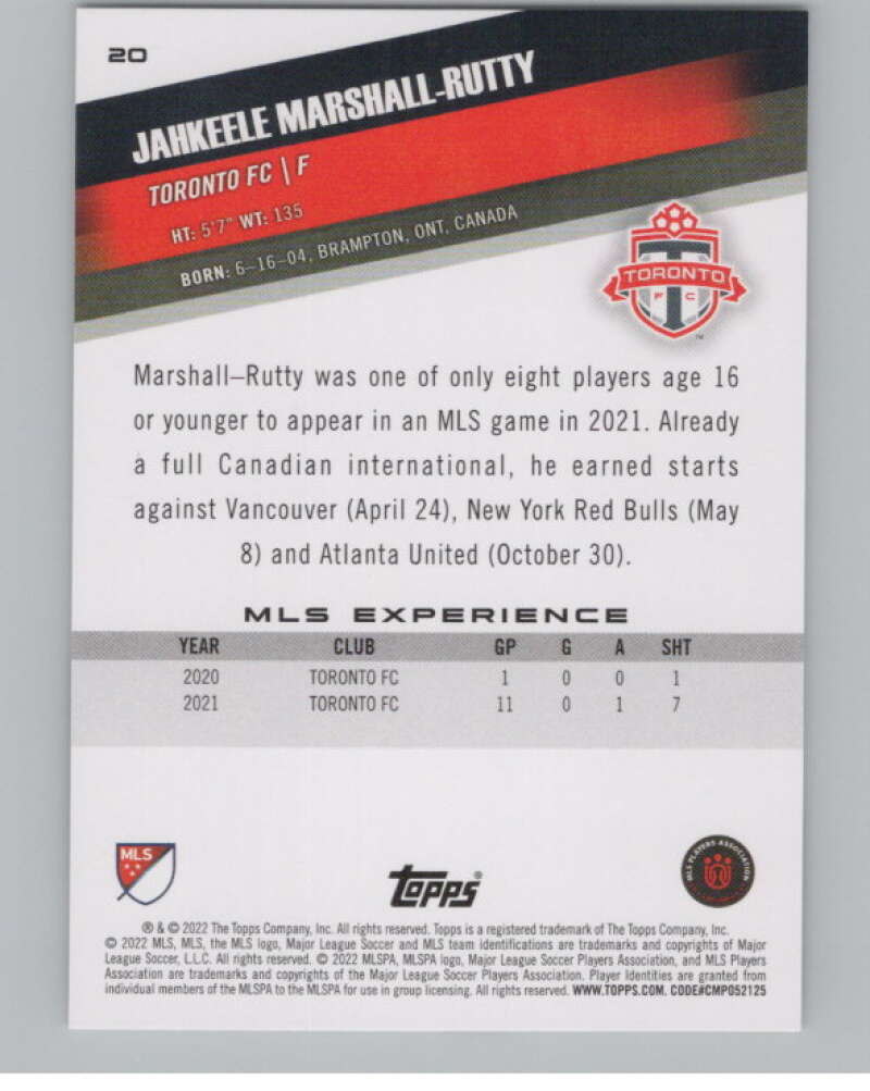 2022 Topps MLS Soccer #20 Jahkeele Marshall-Rutty  Toronto FC  V97529 Image 2